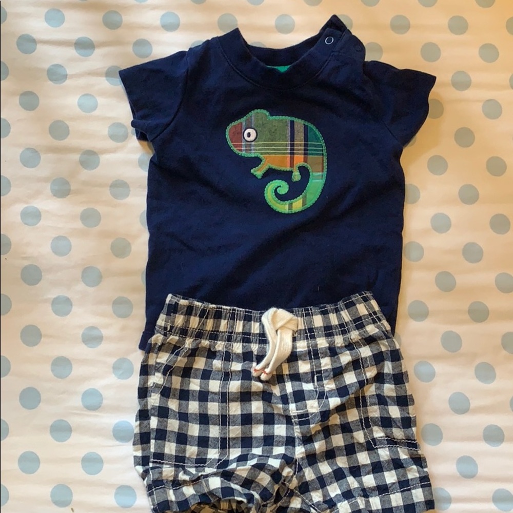 Chameleon onesie with plaid shorts